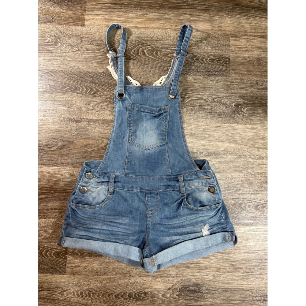 Rue21 Denim Shortalls Medium Wash Crochet Skull Back Distressed Overalls 5/6
Y2K